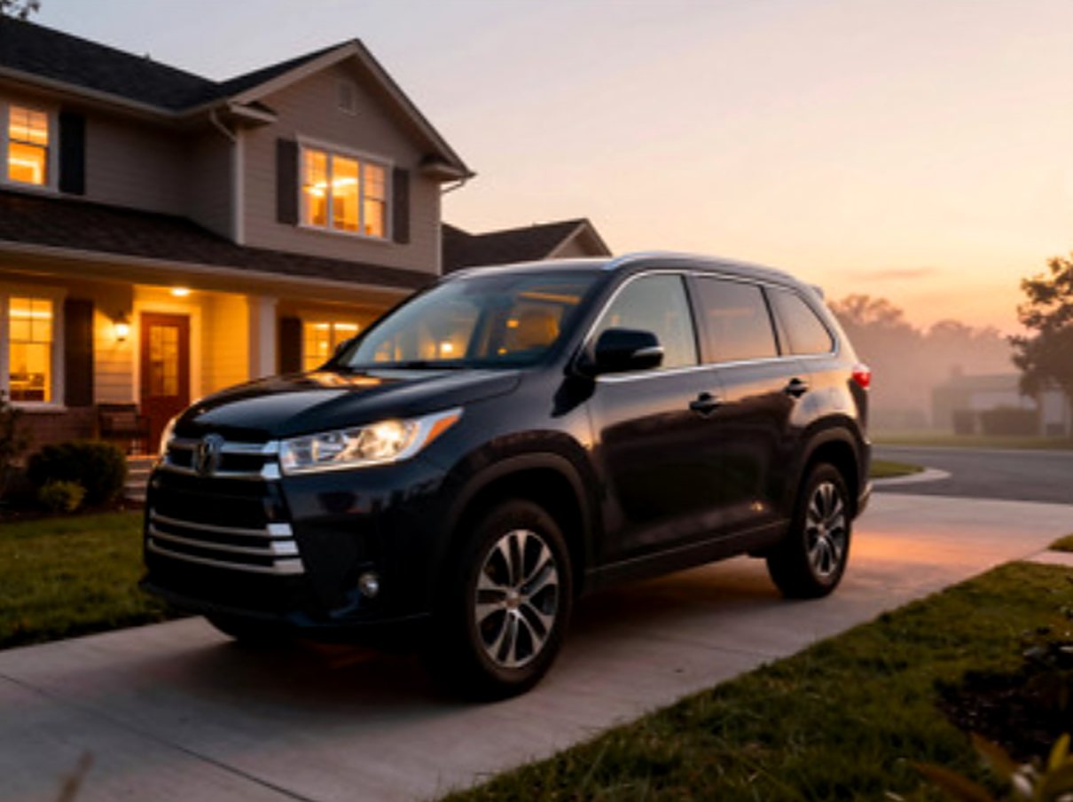 Dark SUV parked in a suburban driveway at dusk