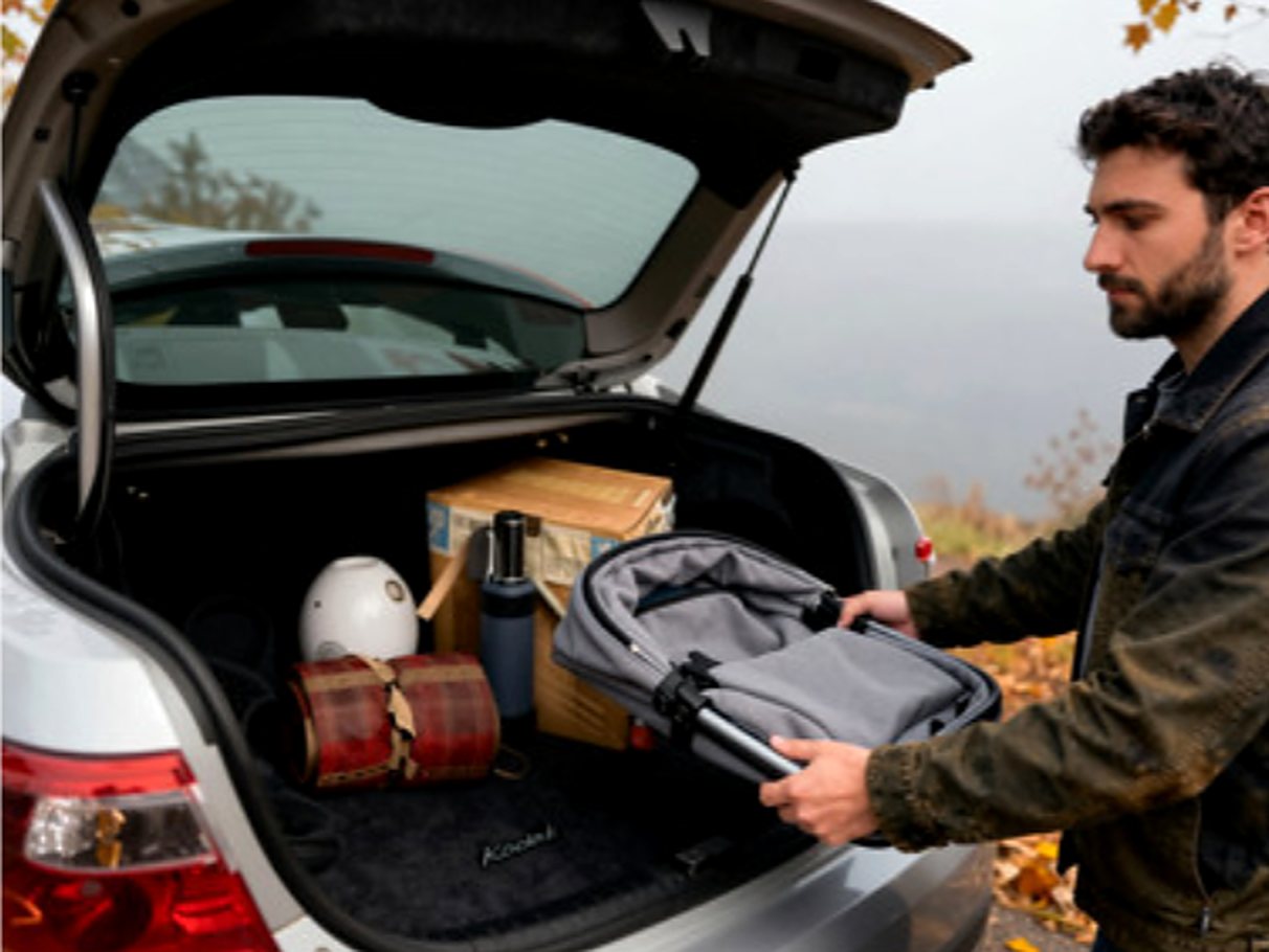 Man loading a stroller into a car trunk on a foggy fall day